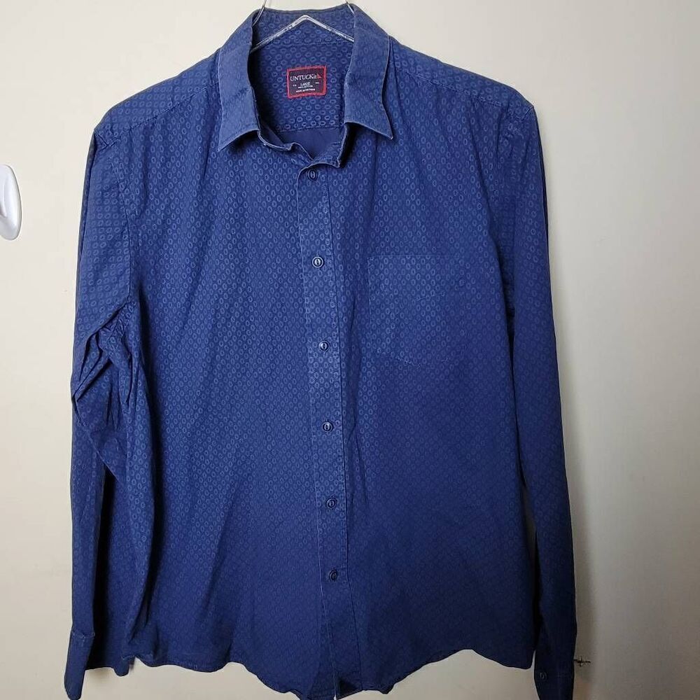 Untuckit Men's Large Blue Button Down Cotton Casual Shirt Geometric Print